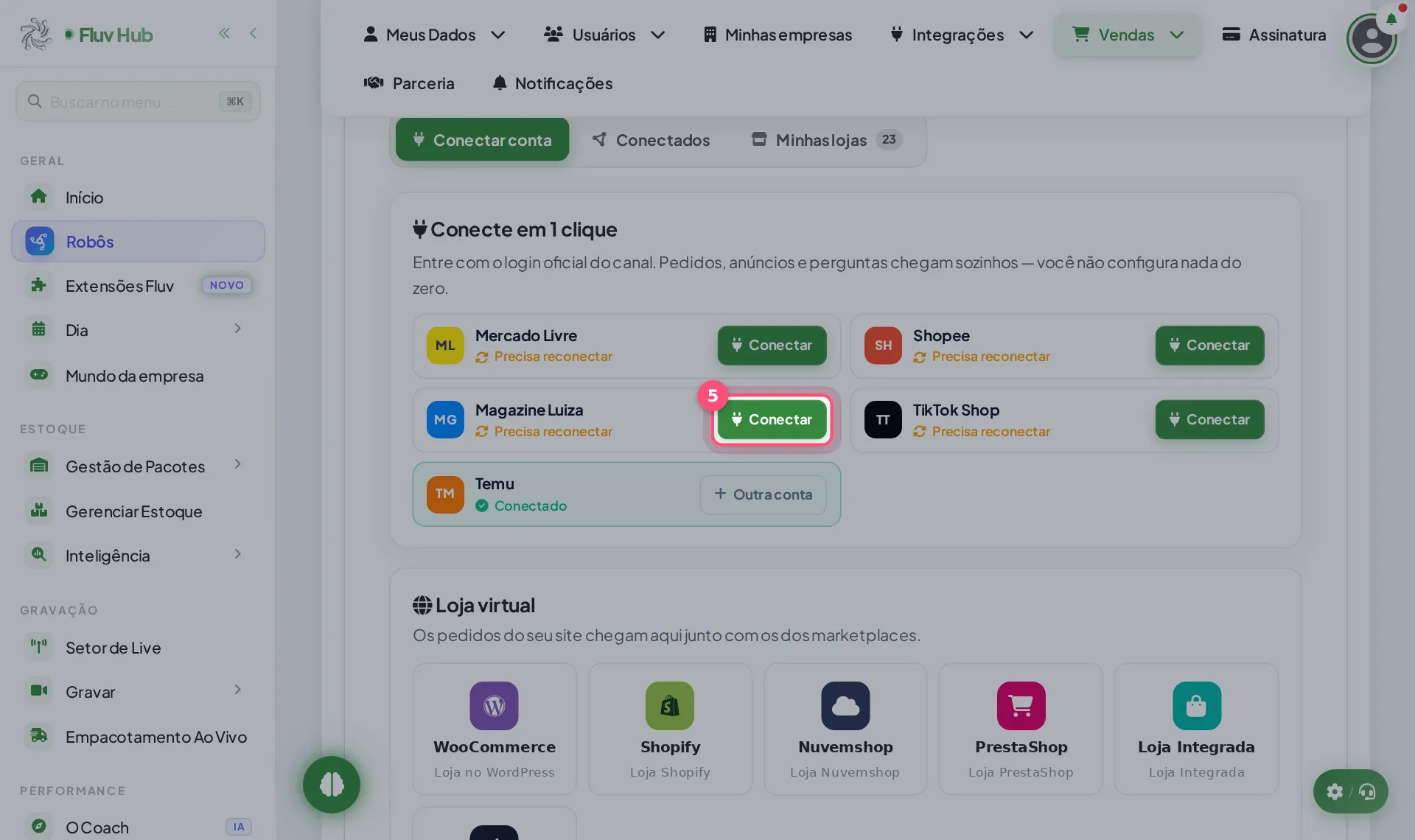 Passo 5: Use o botão Conectar no bloco Magazine Luiza e entre com o login oficial
