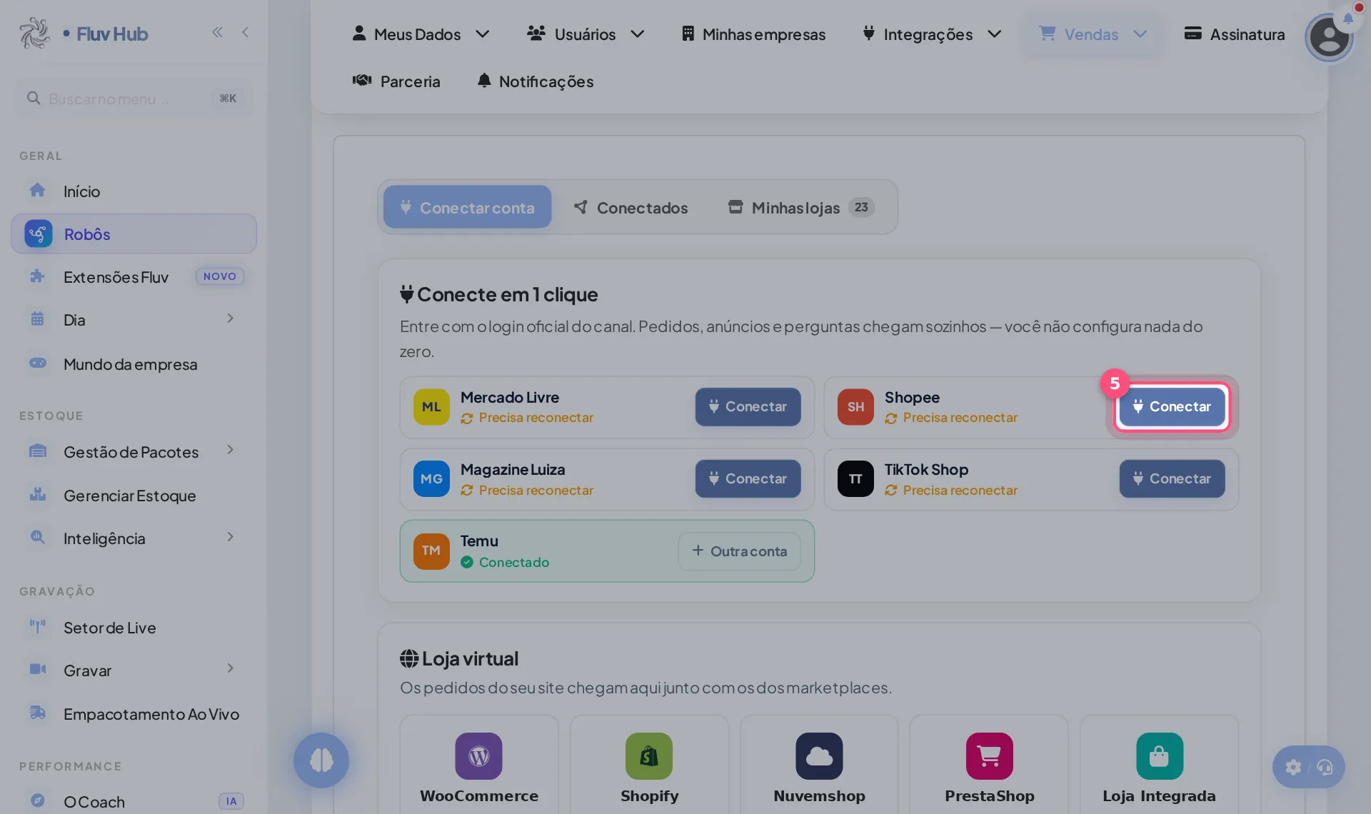 Passo 5: Clique em Conectar no bloco da Shopee e entre com seu login