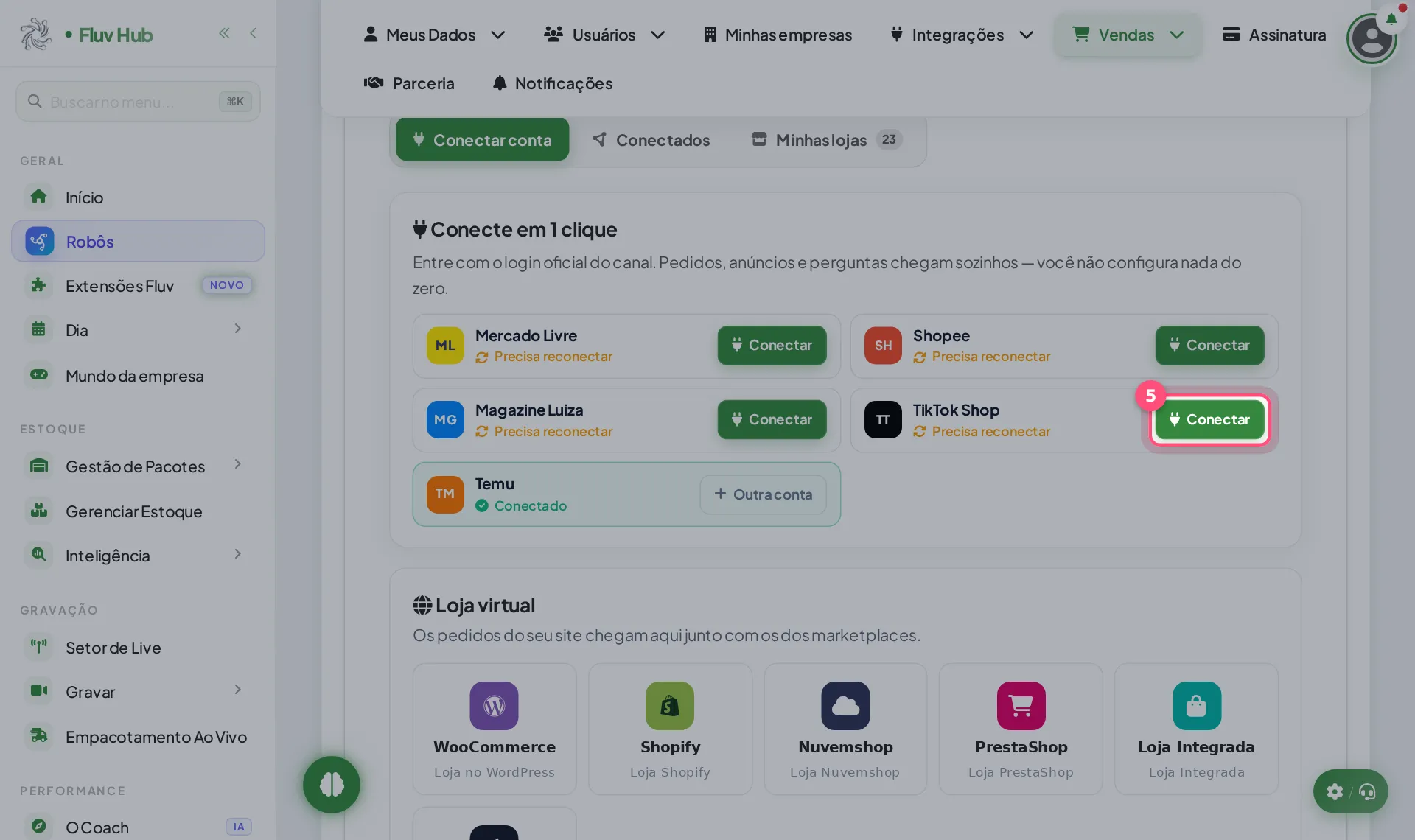 Passo 5: Clique em Conectar ao lado de TikTok Shop para entrar com o login oficial