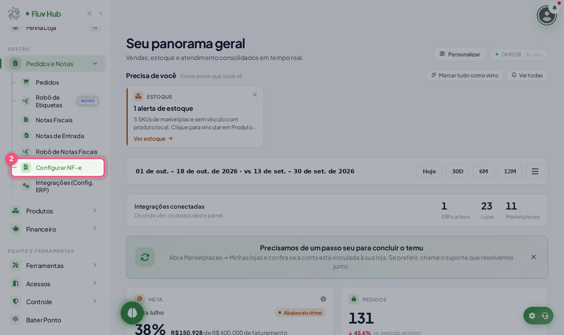 Passo 2: Clique em Configurar NF-e no menu