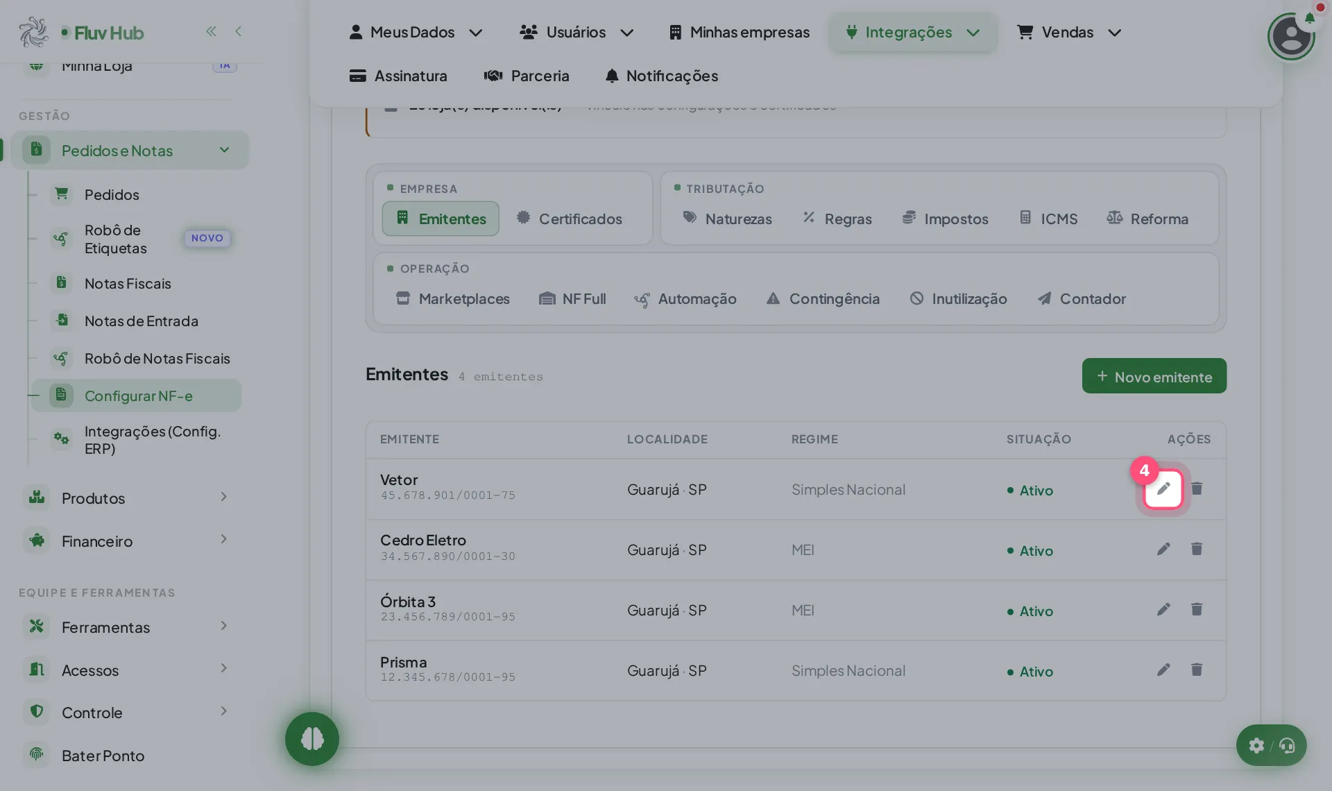 Passo 4: Use Editar emitente para alterar os dados da empresa