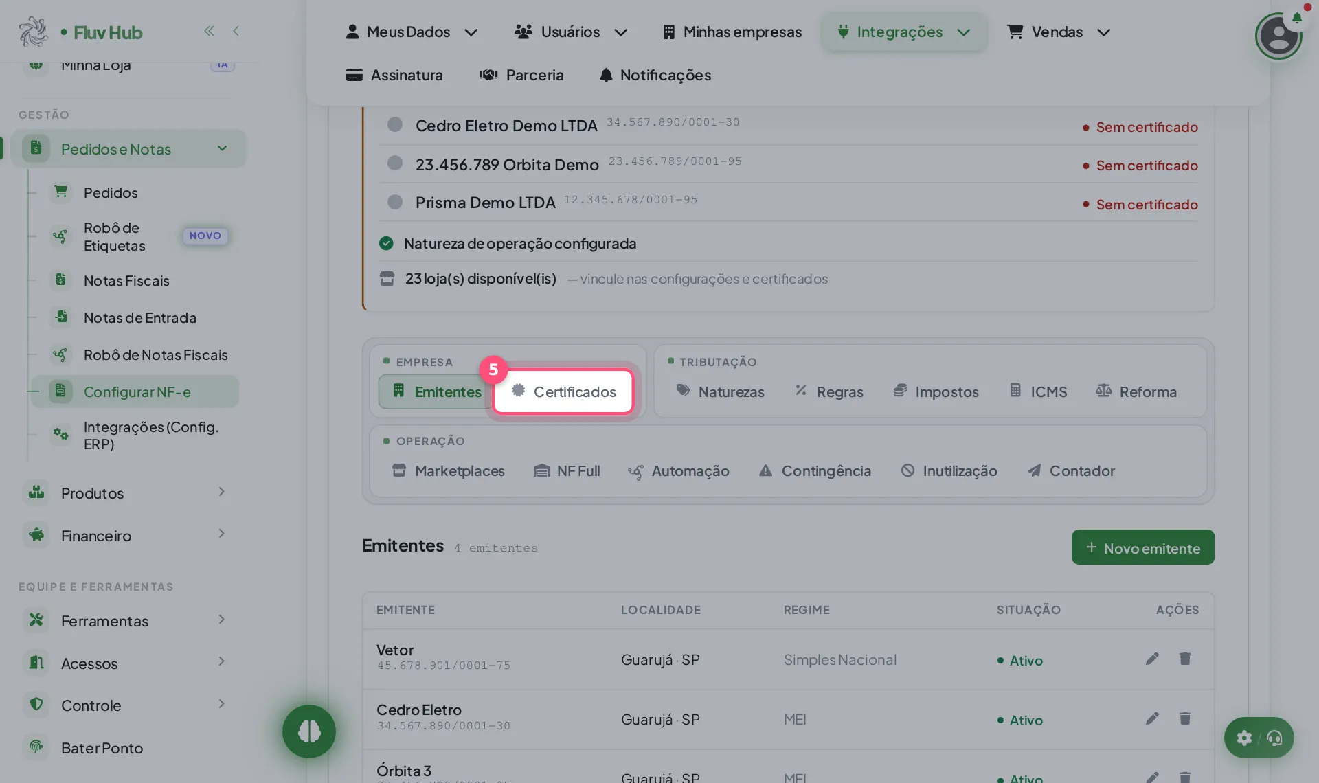 Passo 5: Abra a aba Certificados para cuidar do certificado de cada empresa