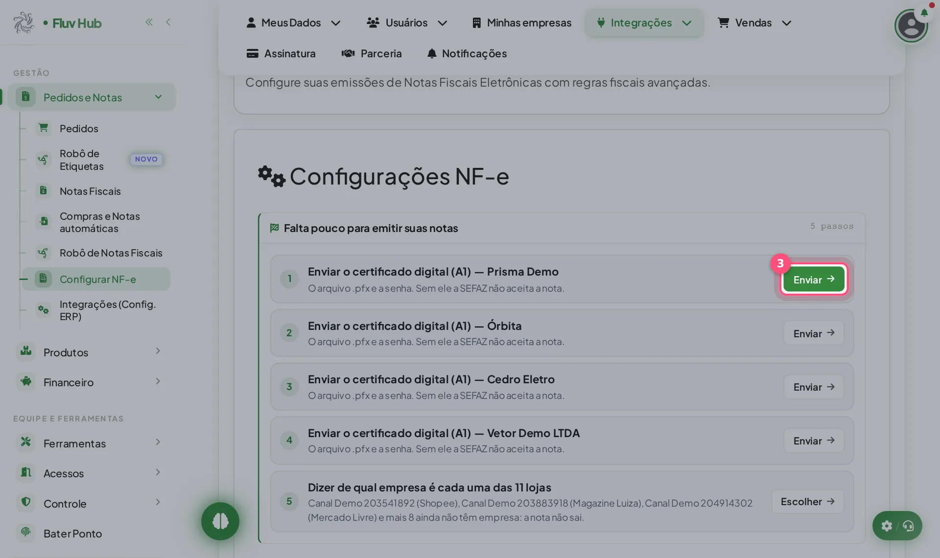 Passo 3: Clique em Enviar no passo do certificado digital (A1)