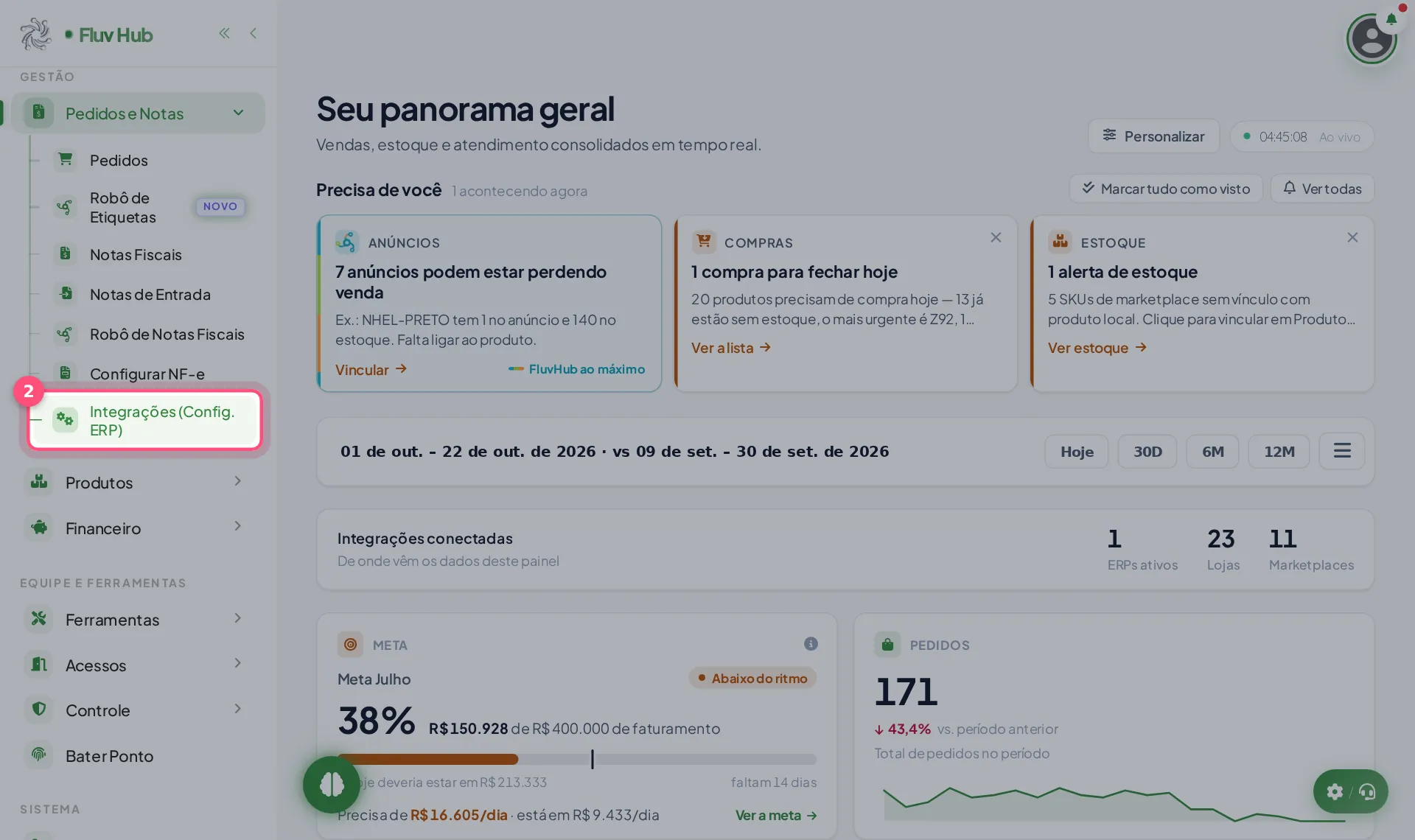 Passo 2: Clique em Integrações (Config. ERP) no menu