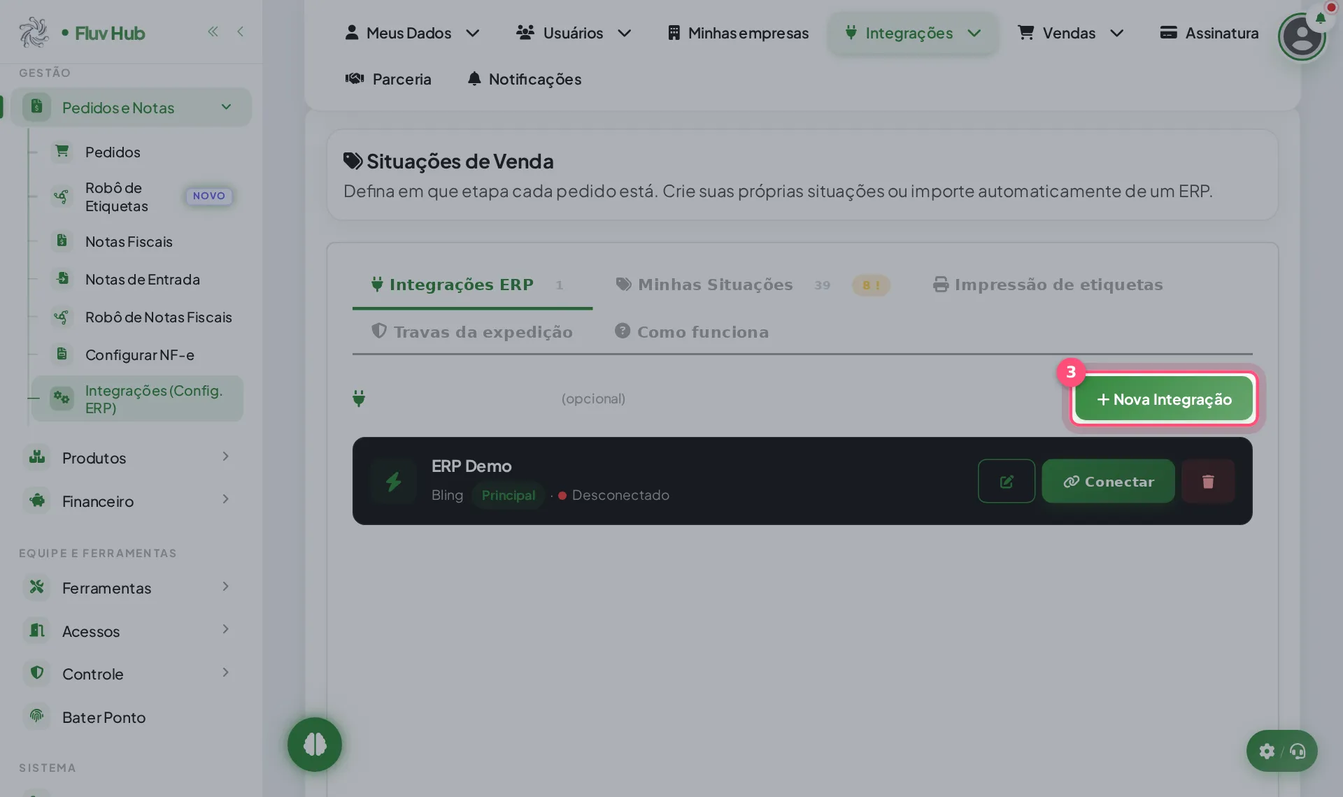 Passo 3: Clique em Nova Integração para escolher o sistema de gestão