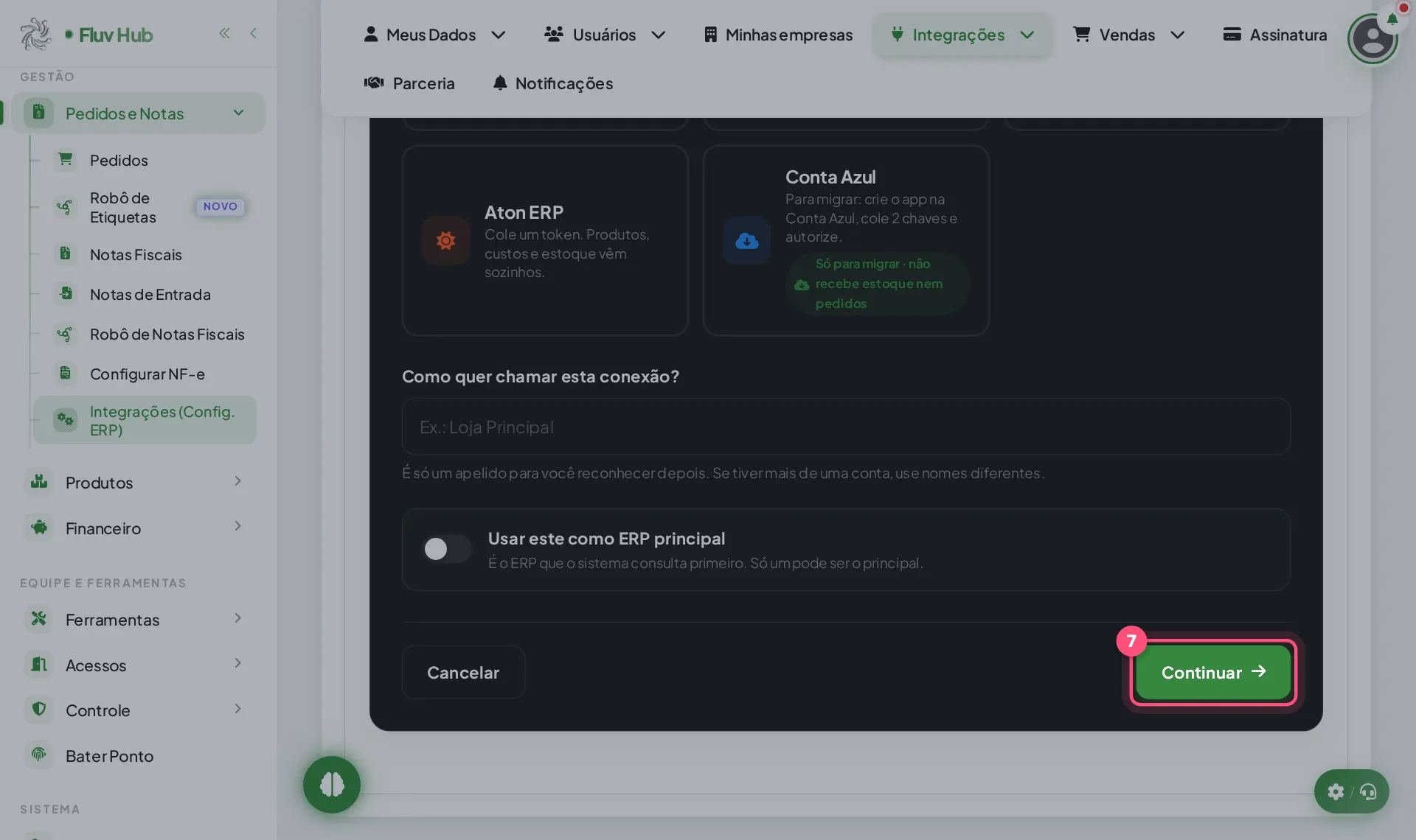 Passo 7: Clique em Continuar para seguir ao passo da conexão