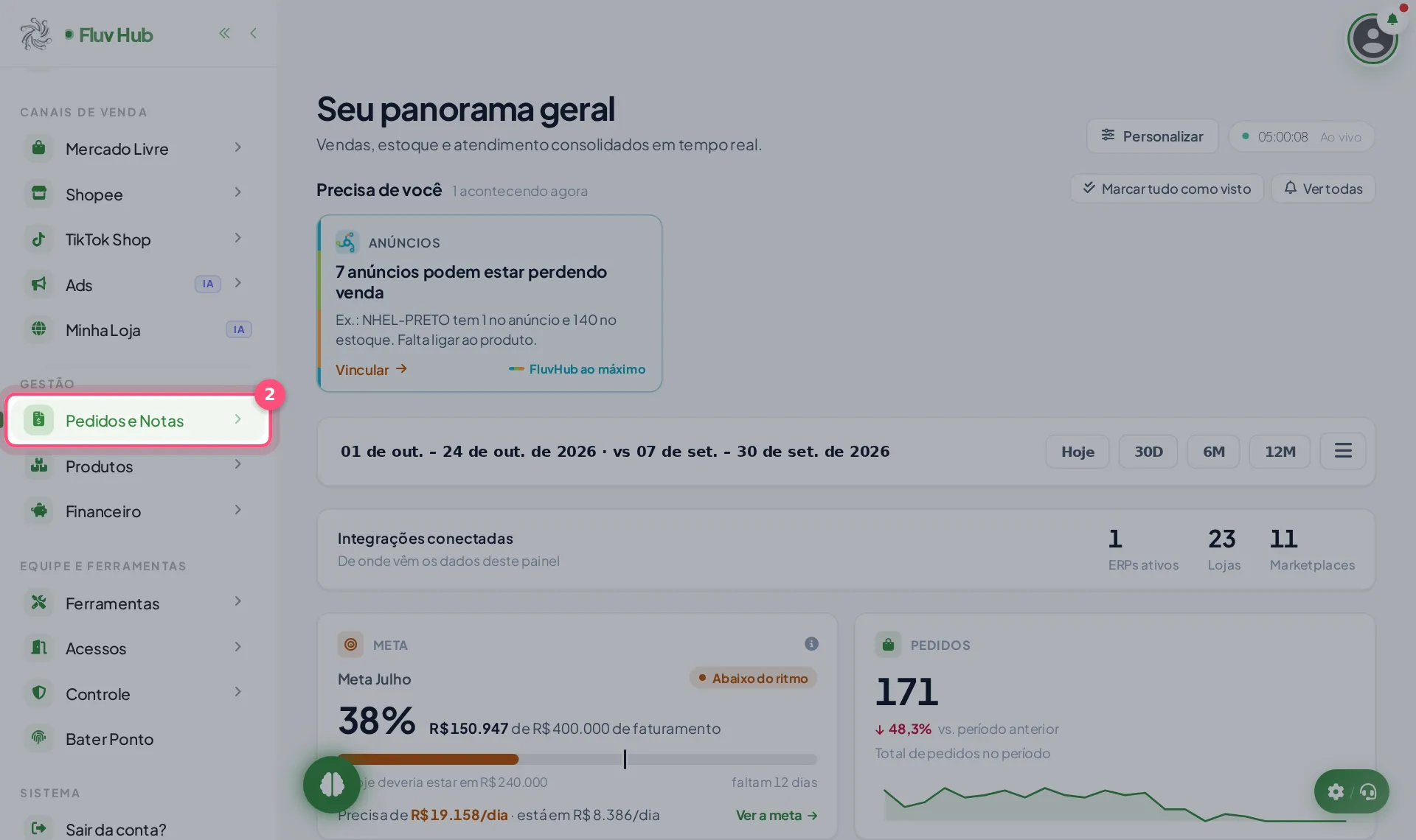 Passo 2: Abra Pedidos e Notas no menu