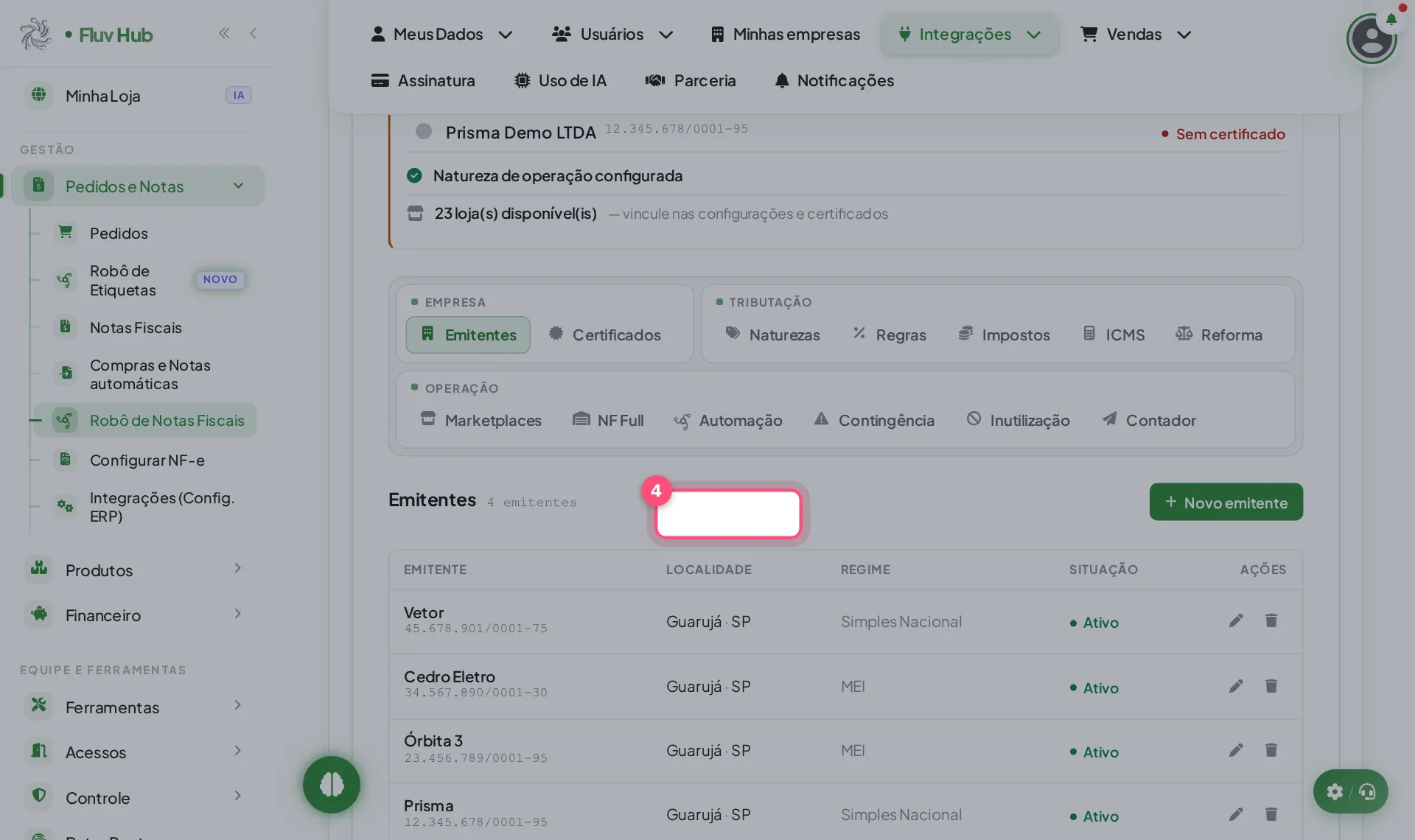 Passo 4: Clique na aba Automação nas configurações de NF-e