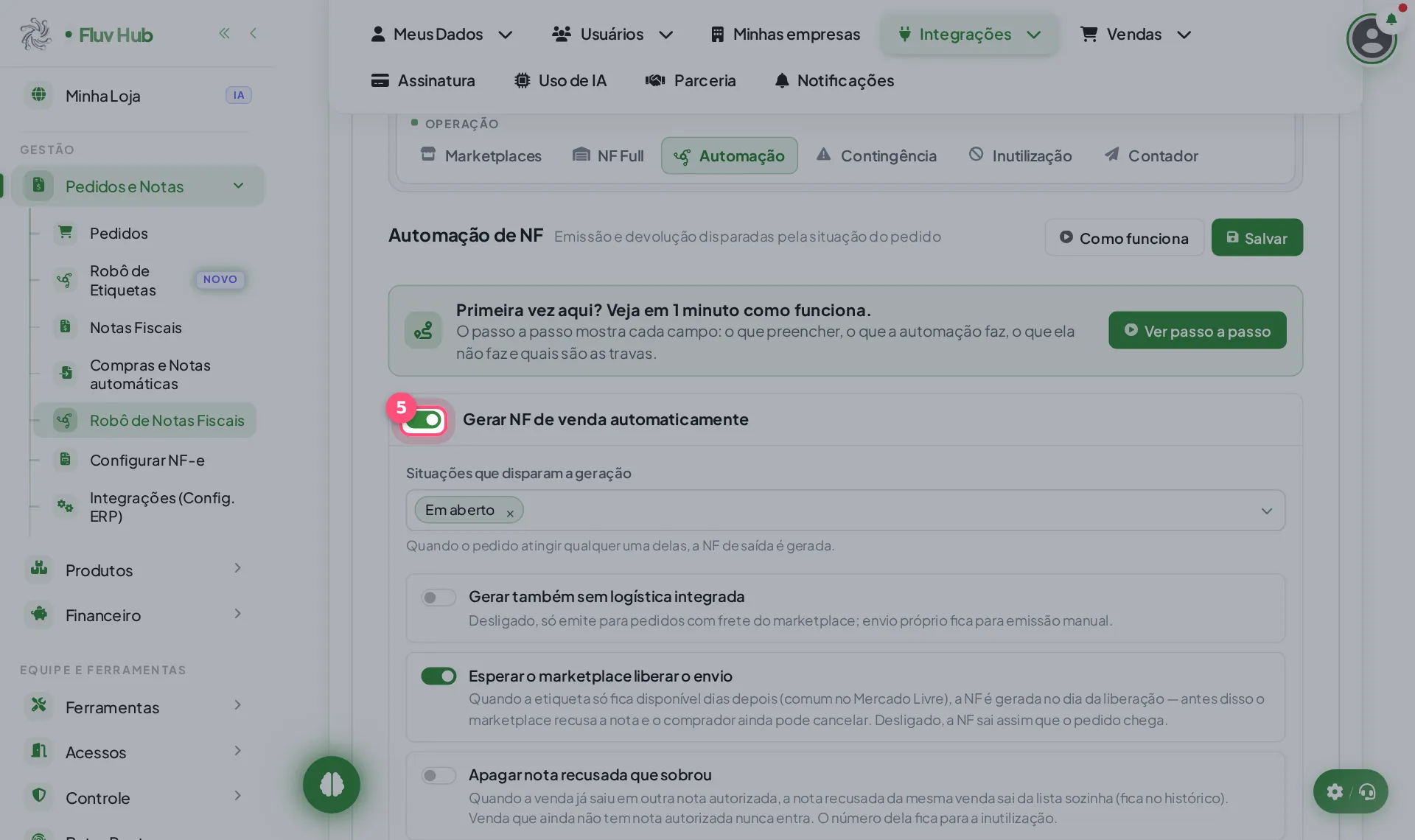 Passo 5: Ligue o interruptor Gerar NF de venda automaticamente para emitir as notas