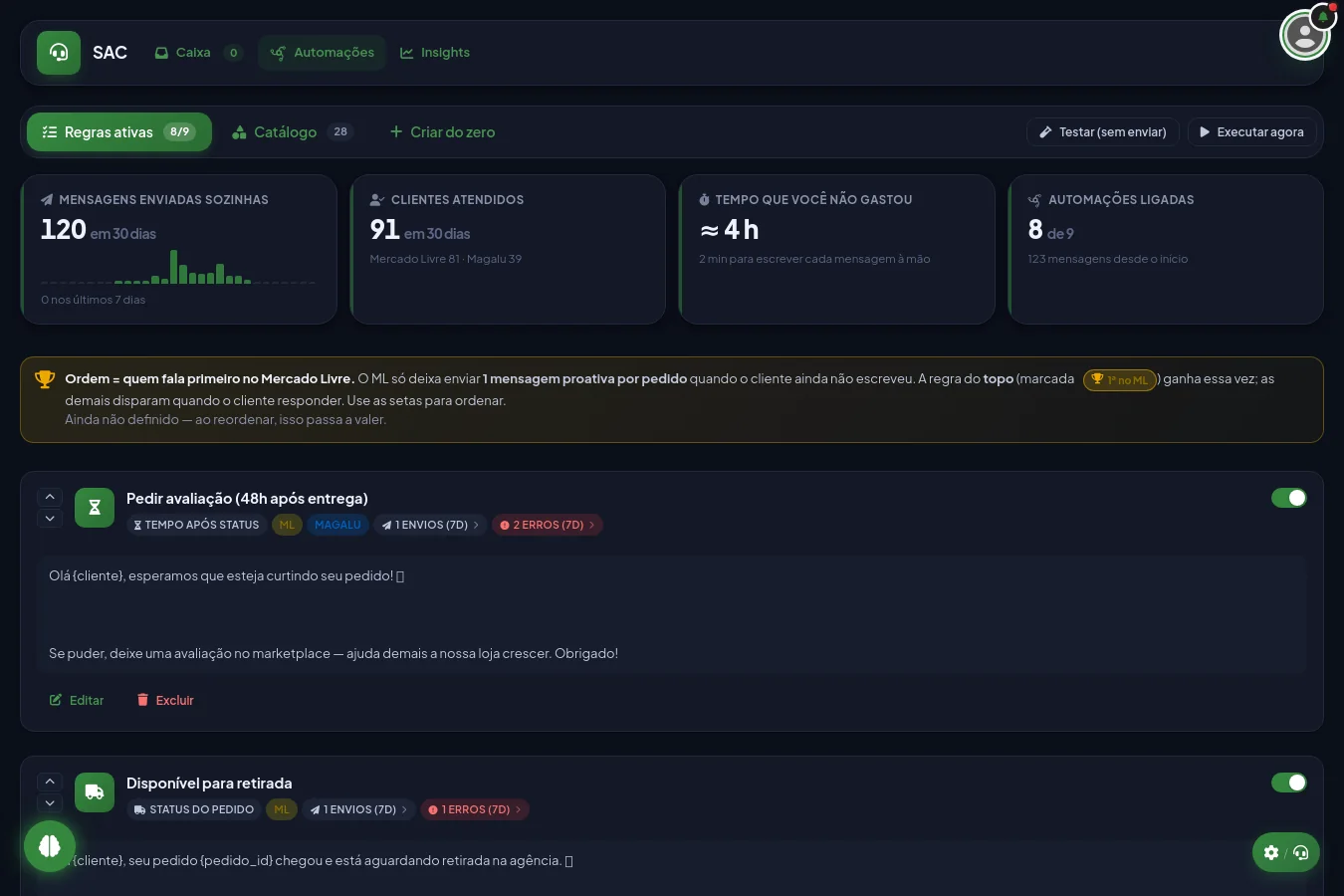 Tela de automações com a regra "pedir avaliação depois da entrega"