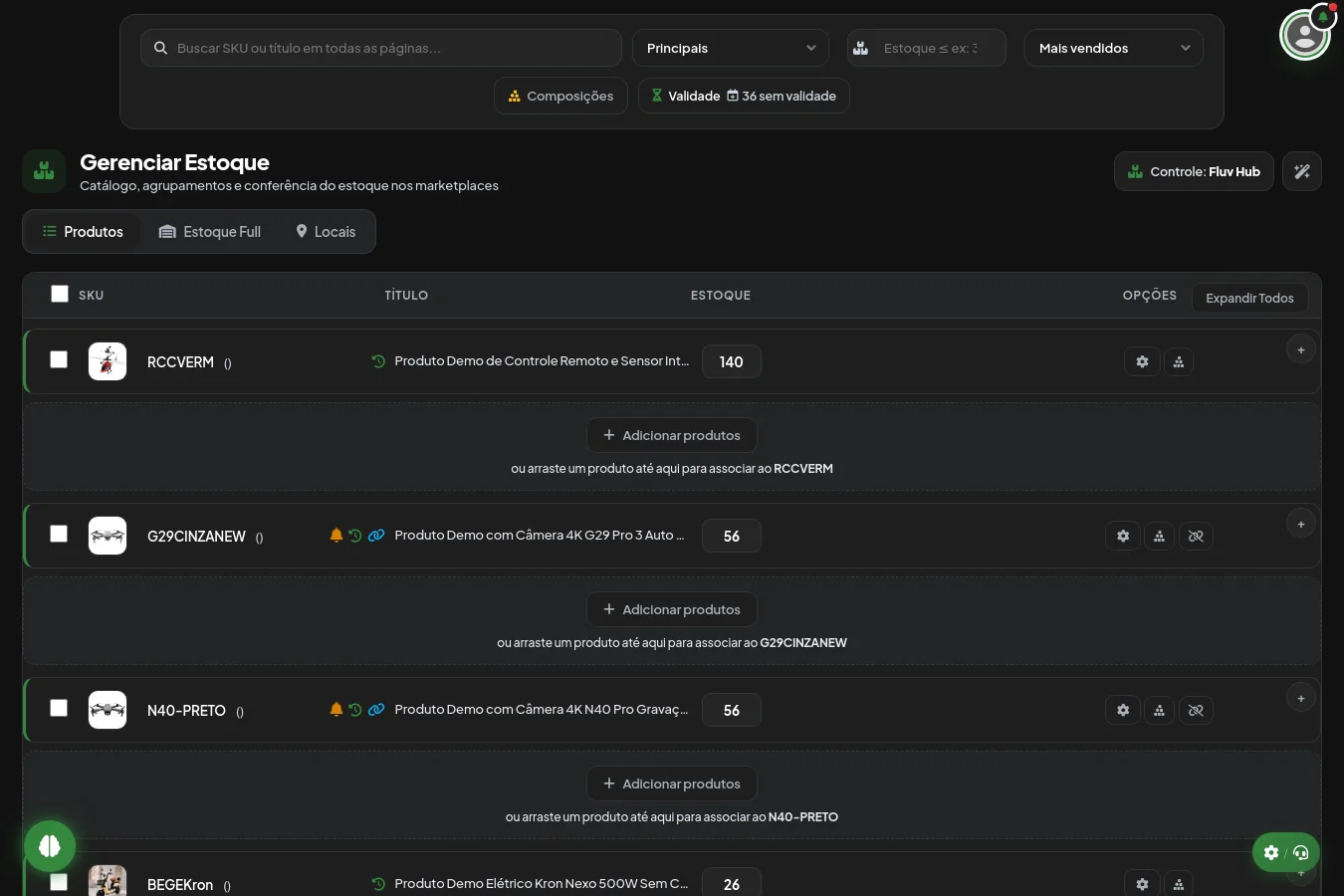 Tela de estoque com abas separadas para estoque próprio e estoque nos centros de distribuição