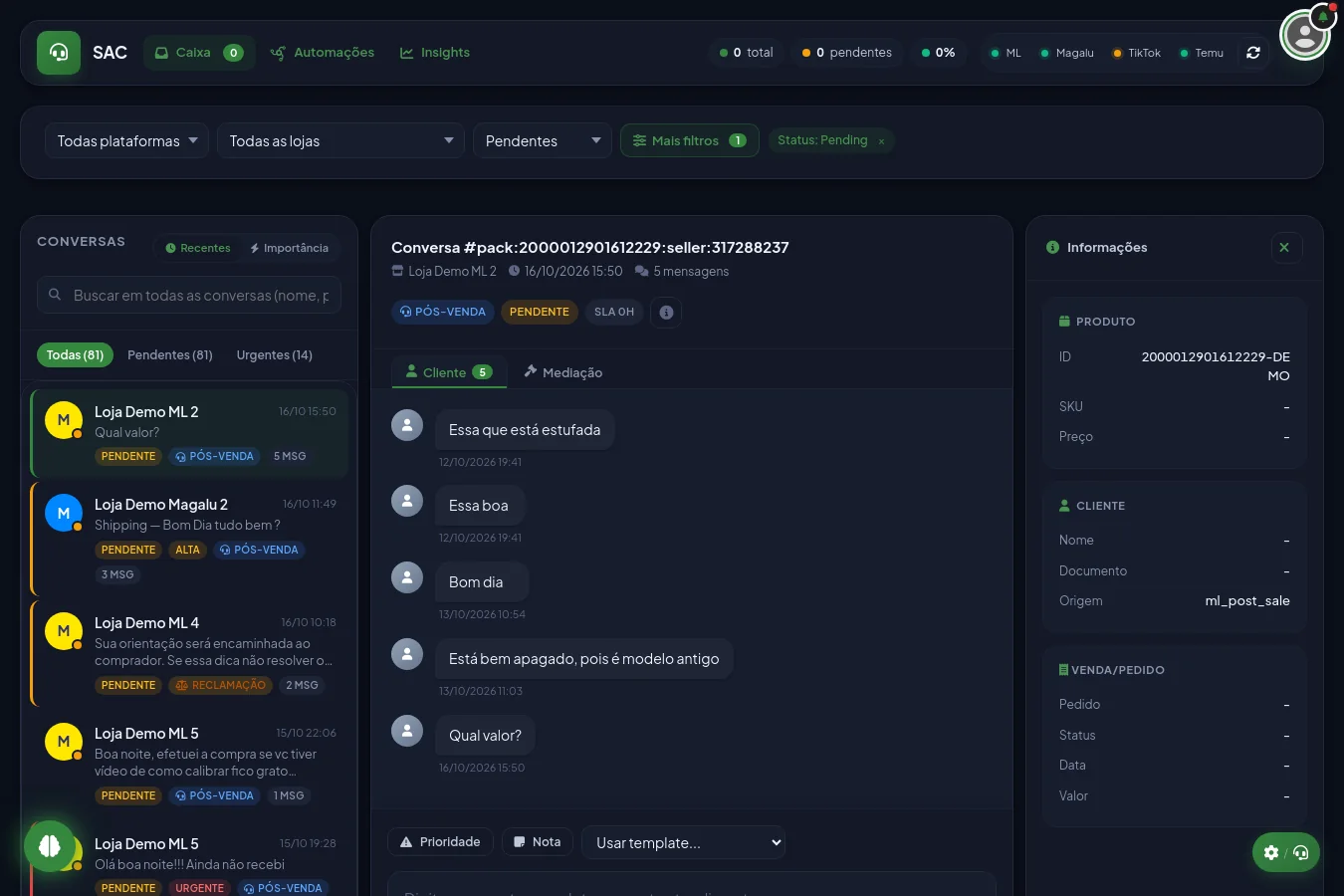 Caixa de entrada unificada: conversas por canal, prioridade e status