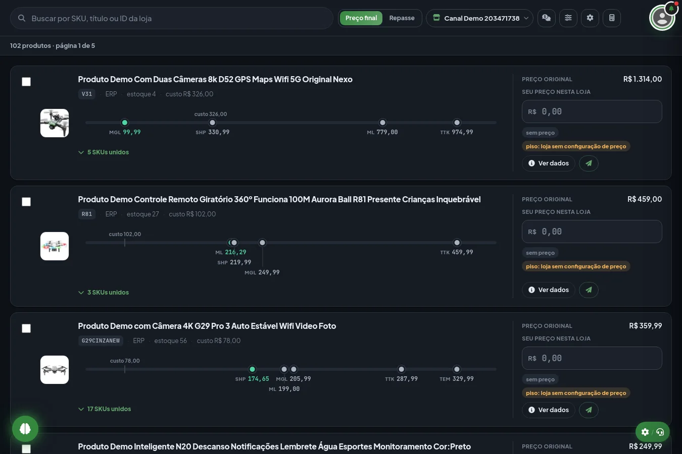 Gestão de preços: cada produto comparado entre canais, com custo e preço mínimo