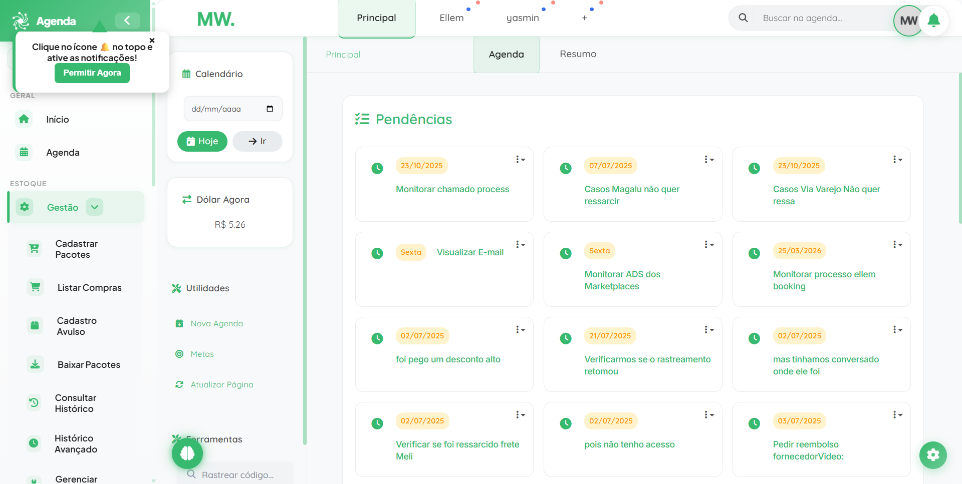 Agenda da equipe no Fluv Hub com tarefas e organização da rotina