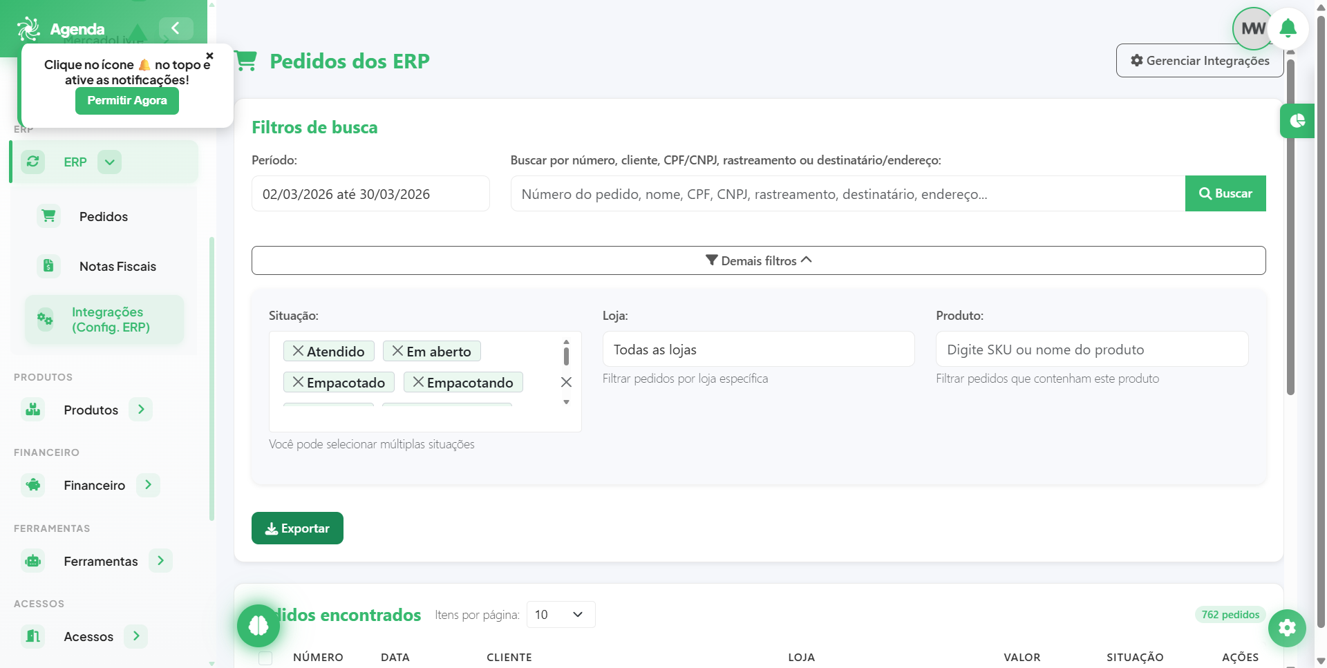 Pedidos do ERP integrados aos marketplaces no Fluv Hub
