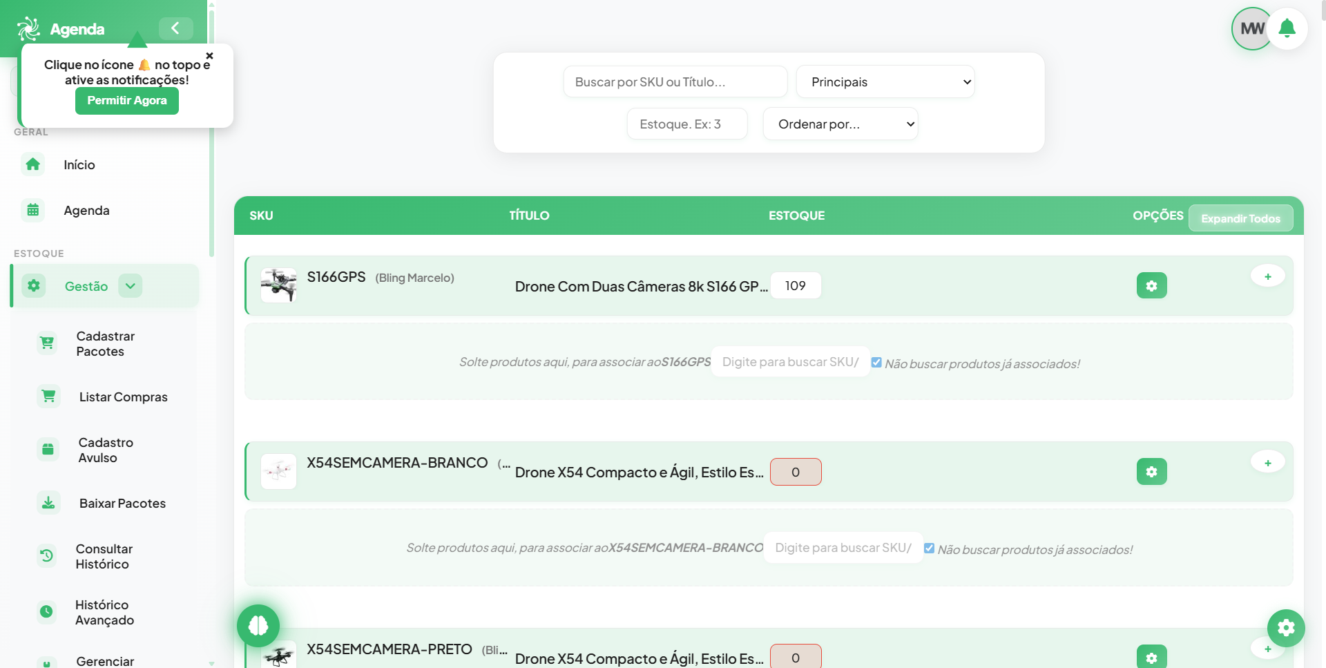 Tela de estoque do Fluv Hub com saldo único por SKU entre marketplaces