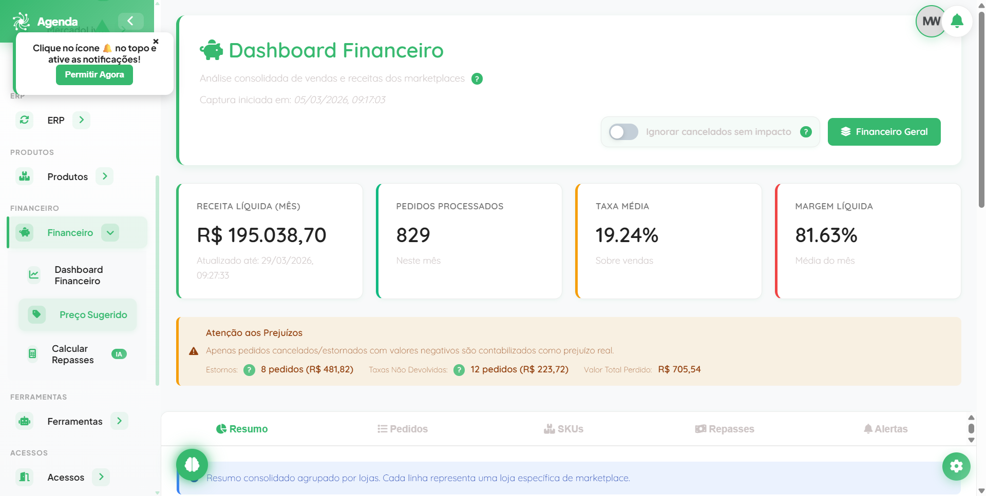 Tela financeira do Fluv Hub com conciliação de repasses e custos