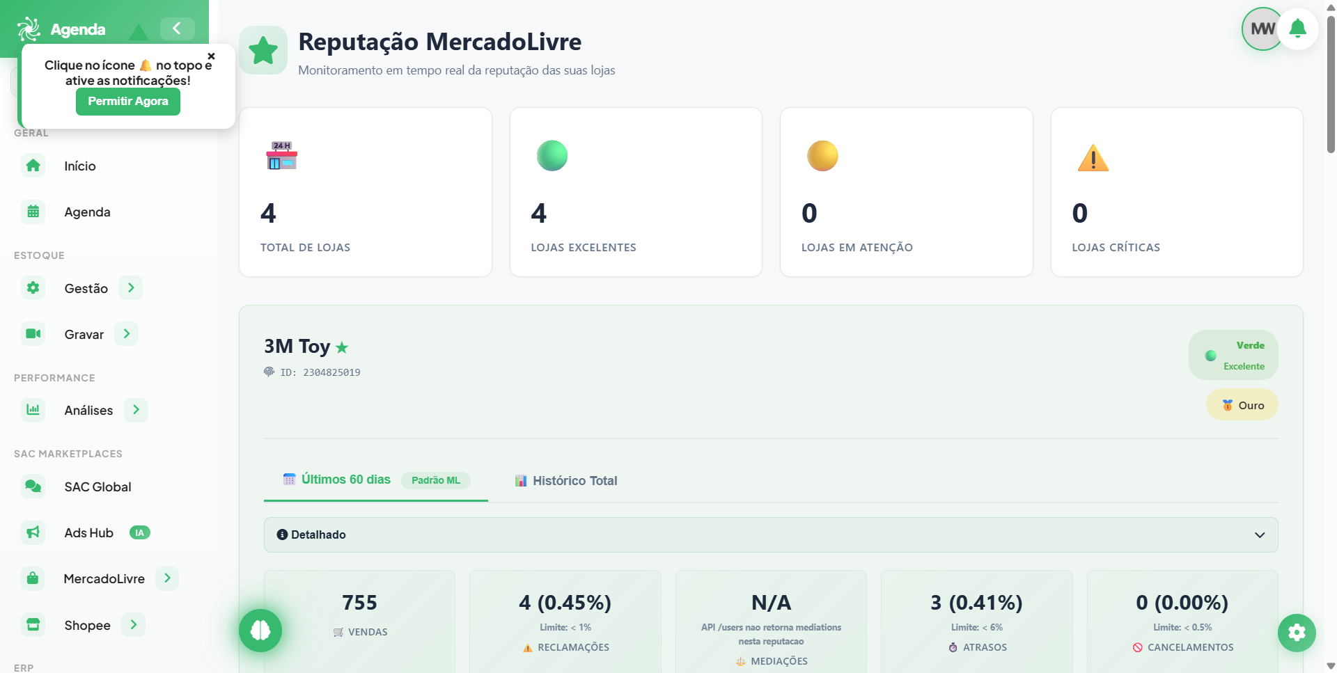 Painel de reputação do Mercado Livre dentro do Fluv Hub