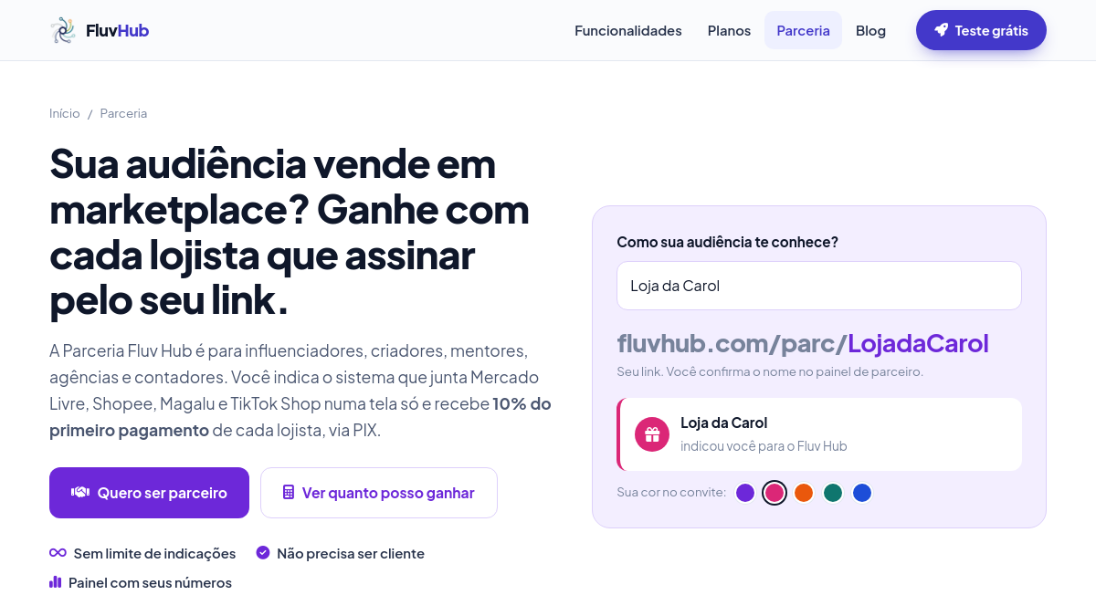 Página da Parceria Fluv Hub mostrando o link personalizado do parceiro e a prévia do convite com o nome dele
