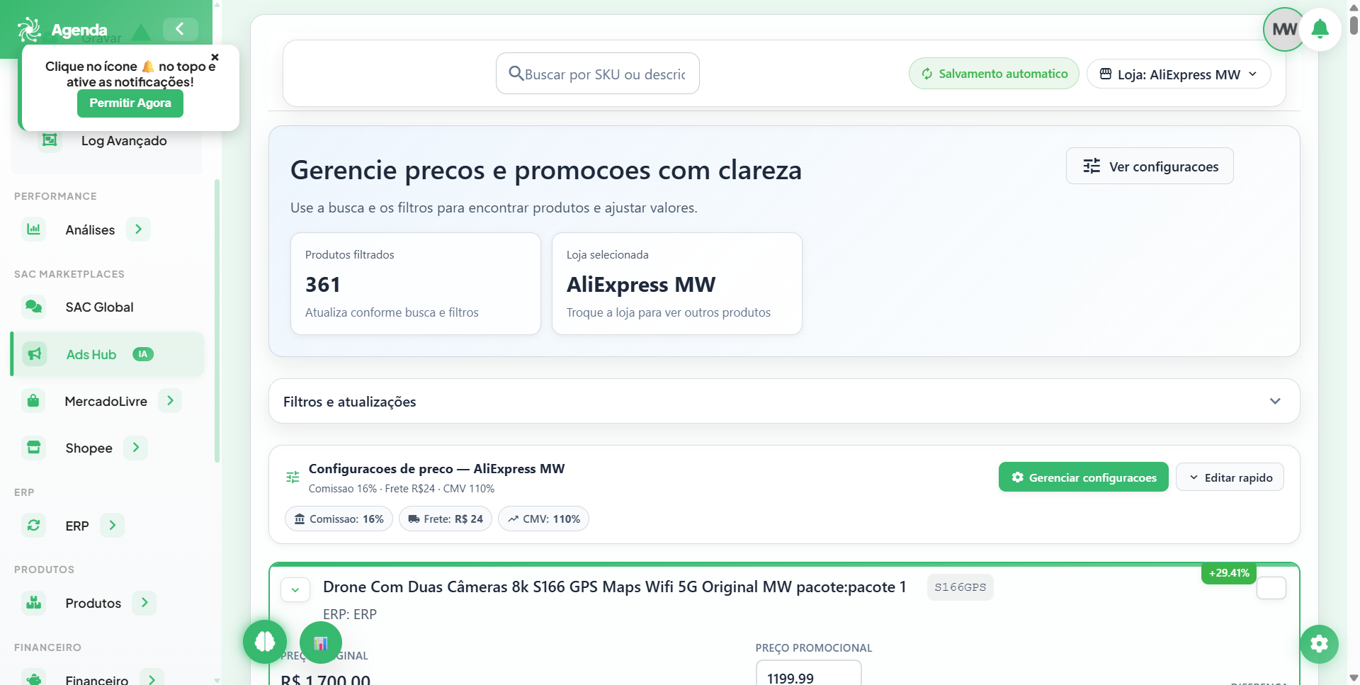 Tela de preço sugerido do Fluv Hub com recomendação por produto e marketplace
