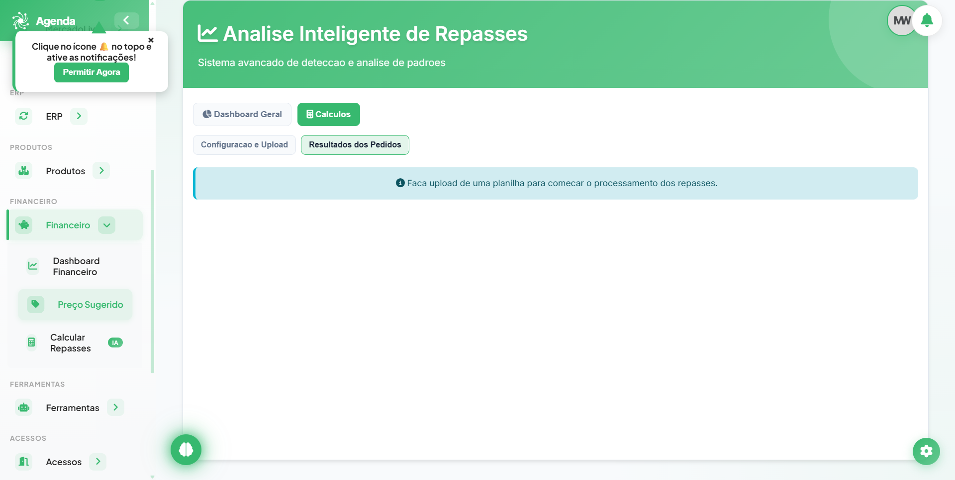 Tela de repasses do Fluv Hub com valor líquido por pedido