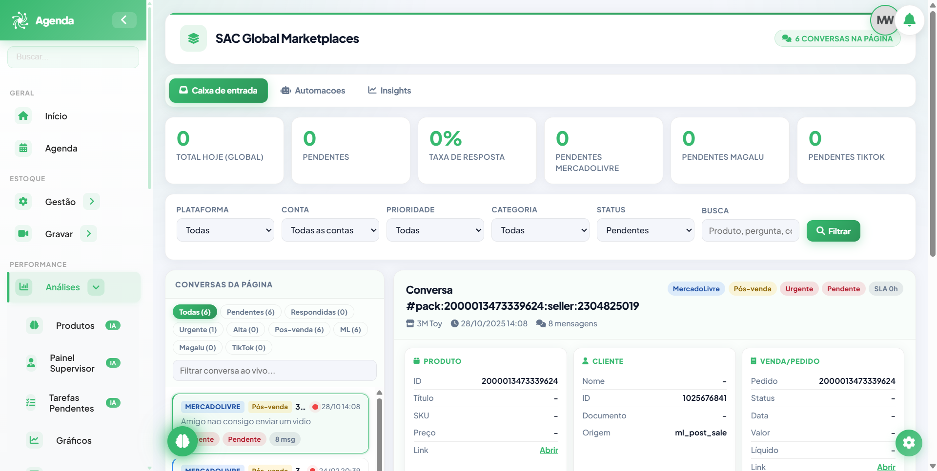 Painel de SAC unificado do Fluv Hub com mensagens de vários marketplaces